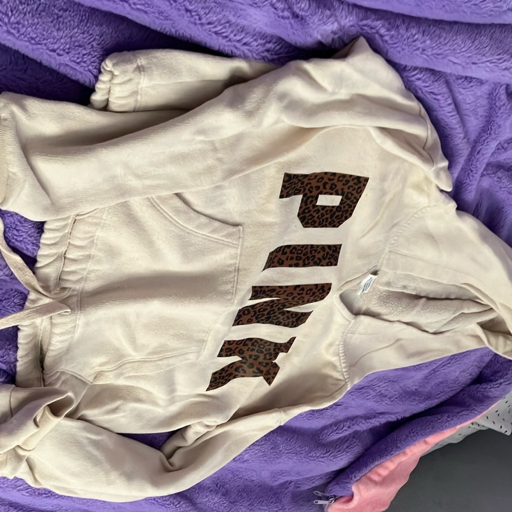PINK Victoria's Secret Cream Hoodie with Leopard Print